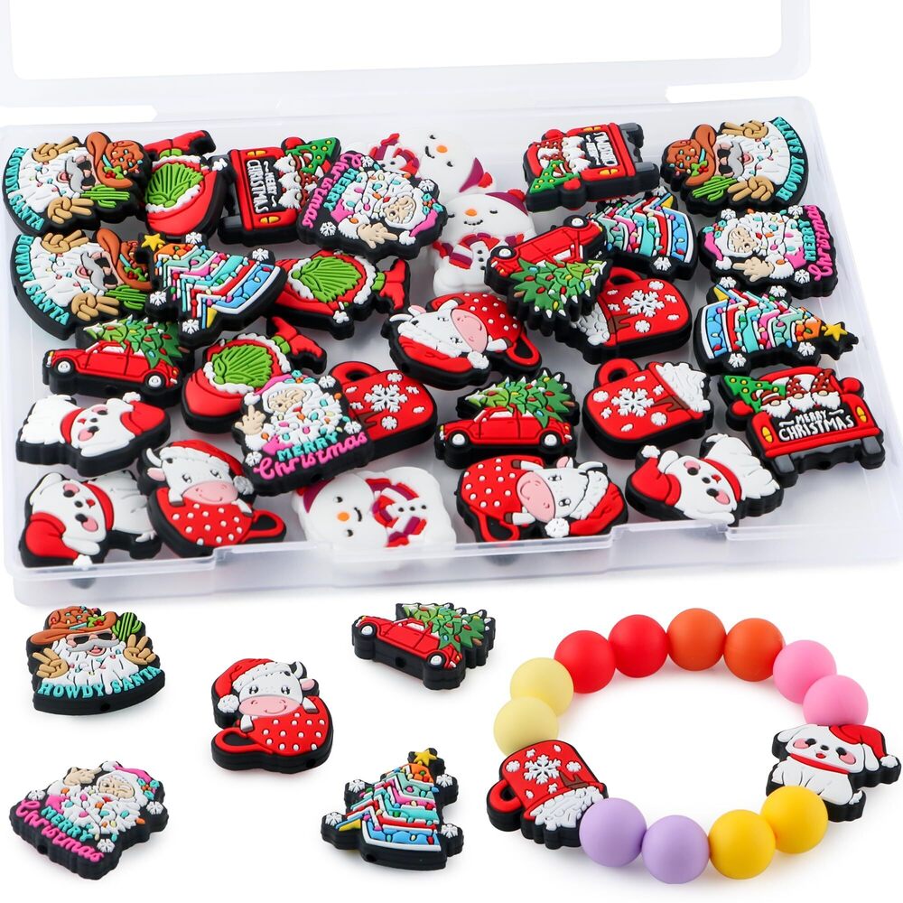 5427 30Pcs Christmas Silicone Focal Beads, Bulk Patterns Focal Silicone